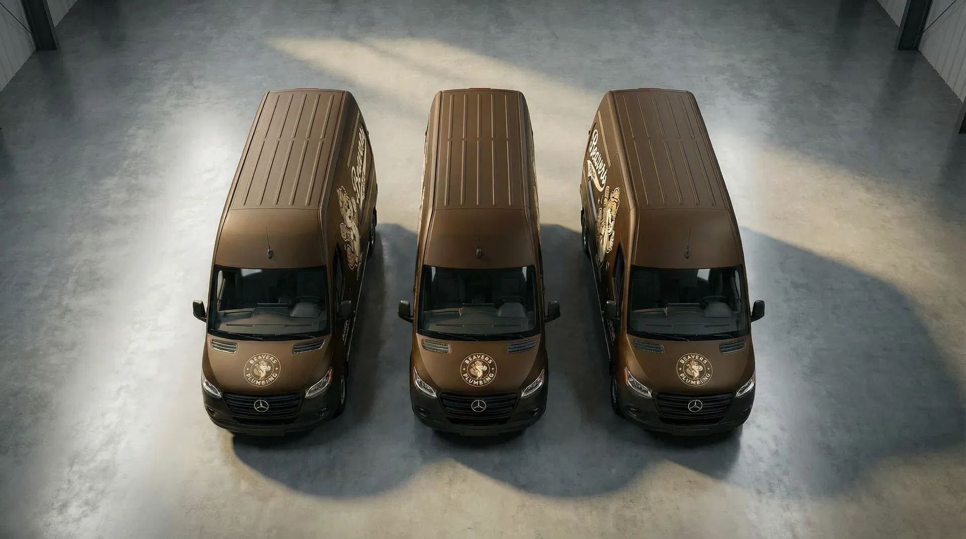 Overhead view of three Beaver's Plumbing vans parked side by side