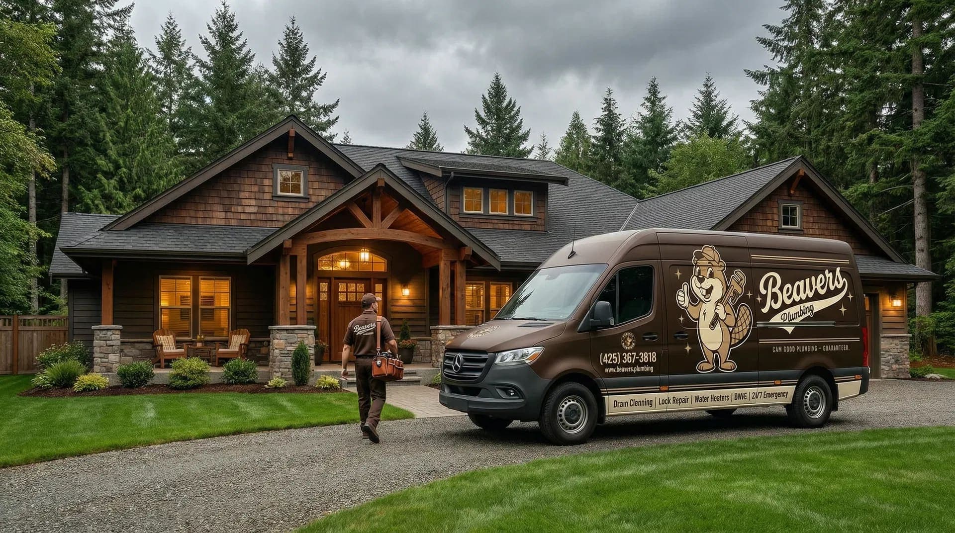 A Beaver's Plumbing van parked in front of a craftsman home as a technician walks up to the door