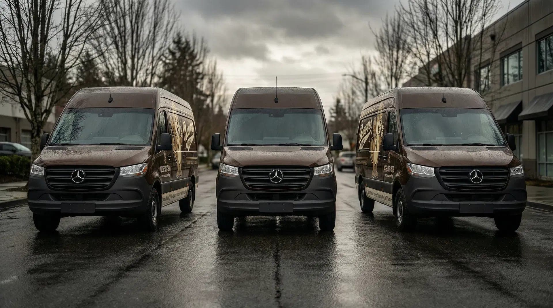 Three brown Beaver's Plumbing service vans lined up on a rain-wet Pacific Northwest street